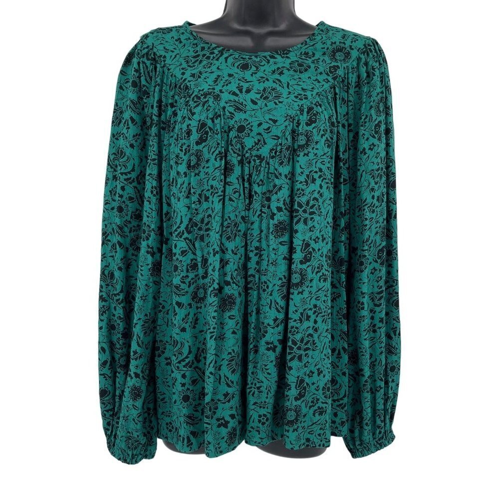 Knox Rose Floral Boho Top Womens M Green Bishop Long Sleeve Pleated